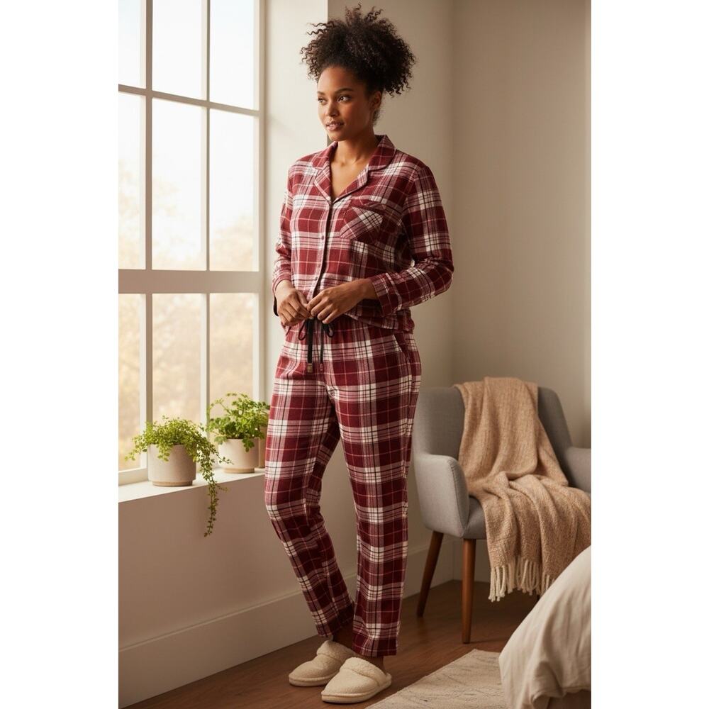Ambrielle Women’s Red Plaid Flannel PJ Cotton Button Up Long Sleeve 2 Piece